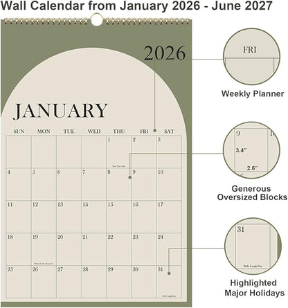 2026 Calendar - Large Calendar 2026-2027 from January 2026 - June 2027, 18 Months Calendar/Planner with Thick Paper, 20" x 30", Vertical, Green