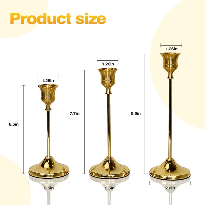 3-Piece Tapered Candleholder Set Brass-Finish Gold Column Candleholders Metal Vintage Decor Dining Table Centerpiece Wedding Mantelpiece Housewarming Gift