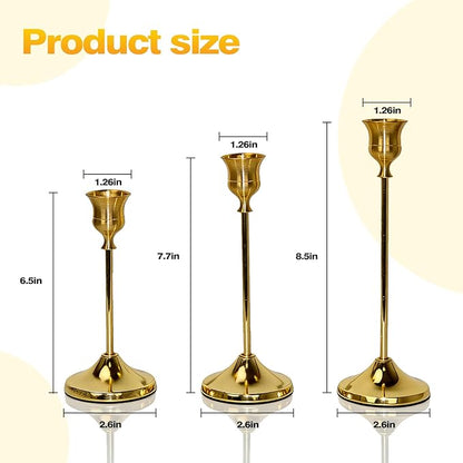 3-Piece Tapered Candleholder Set Brass-Finish Gold Column Candleholders Metal Vintage Decor Dining Table Centerpiece Wedding Mantelpiece Housewarming Gift