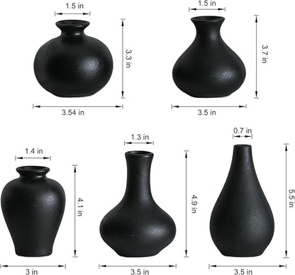 Small Ceramic Vase Set of 5, Black Bud Vase with Boho Decorative Design for Fireplace, Entryway & Living Room Centerpiece
