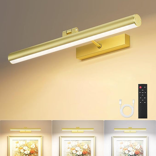 VOLISUN 16 inch Picture Lights for Wall, Rechargable Picture Light Battery Operated, 3 Color Temperatures Cordless Picture Light with Remote, Art Light for Paintings, Gallery, Portrait, 1 Pack (Gold)