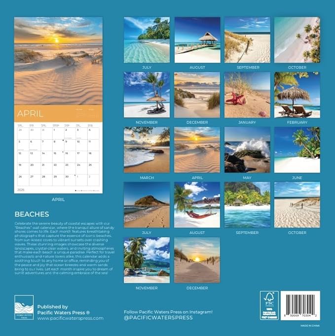 Beach Calendar 2026 | 12" x 24" Open | Giftable Paradise Calendar 2026 | Thick & Sturdy Paper for Planning | Pacific Waters Press (Beaches)