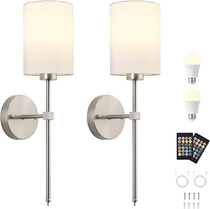 Battery Operated Wall Sconces Set of Two,Wireless Rechargeable Wall Light With Remote Control, Dimmable, Amber Light/Warm White/Natural White/Daylight/RGB,Timer,for Living Room,Bedroom,Entryway,Nickel