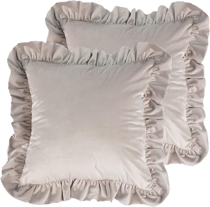 Velvet Ruffle Throw Pillow Covers Couch, Set of 2 Decorative Pillowcases with Ruffles 18x18 Inch Solid Color Shabby Chic Farmhouse Cushion Cover for Living Room Sofa Bed, Light Tan