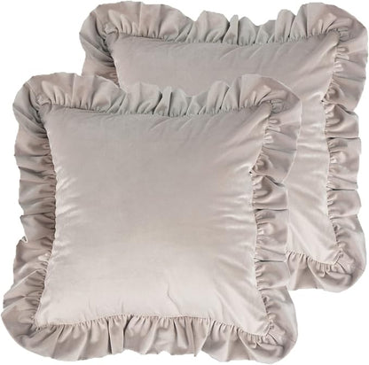Velvet Ruffle Throw Pillow Covers Couch, Set of 2 Decorative Pillowcases with Ruffles 18x18 Inch Solid Color Shabby Chic Farmhouse Cushion Cover for Living Room Sofa Bed, Light Tan