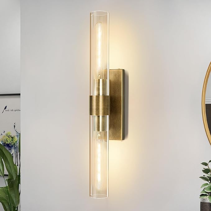 Wall Sconces, 22.8" Gold Bathroom Sconces Wall Lighting with Clear Glass, Modern Sconces Wall Decor Brass Light Fixtures for Bathroom Mirror Living Room Hallway Bedroom