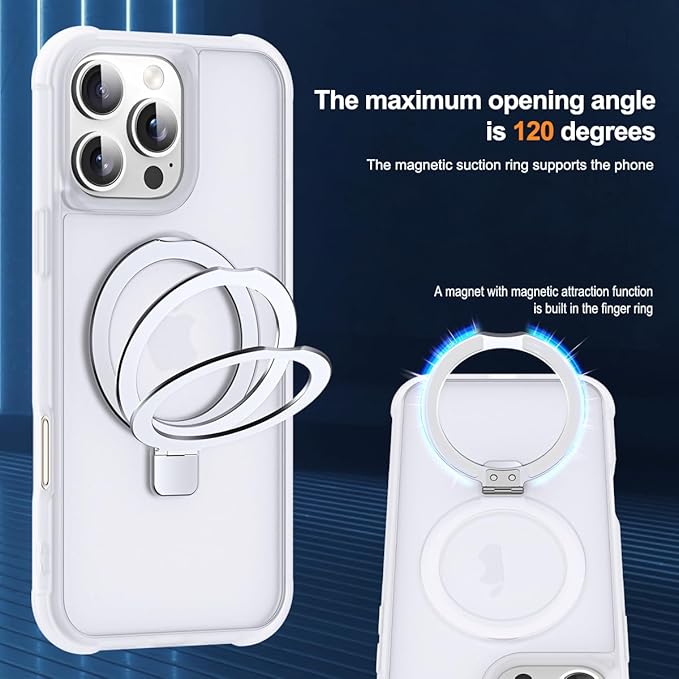 Compatible with iPhone 16 Pro Max Case with Invisible Magnetic O-Ring Stand Military-Grade Phone Case for iPhone 16 ProMax 6.9" [Compatible with Mag-Safe][Great Grip Feeling],Translucent