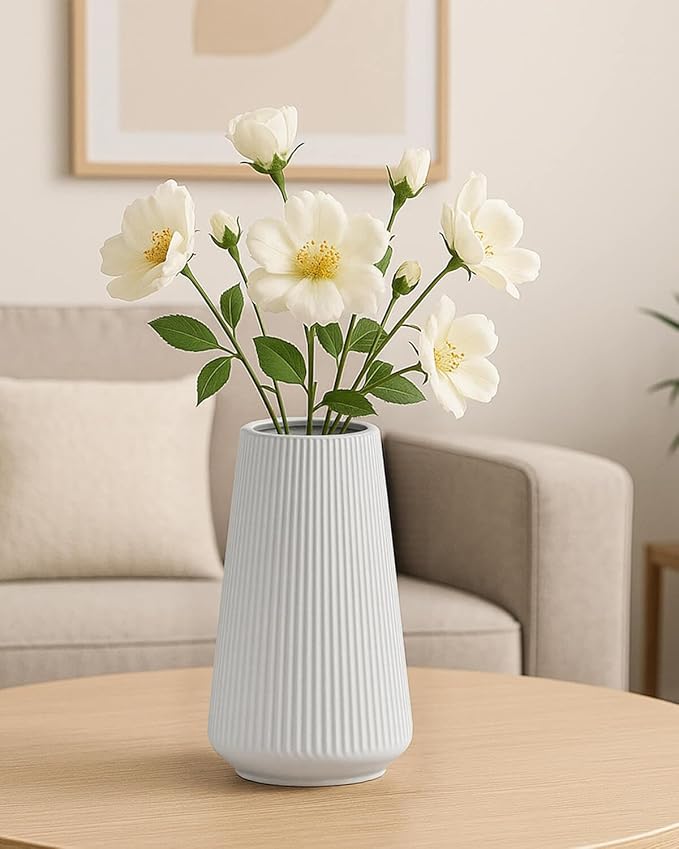 Matte White Ceramic Vase – Frosted Elegant Flower Vase for Pampas Grass, Dried or Fresh Flowers, Modern Minimalist Farmhouse Home Decor for Living Room, Dining Table, Wedding Centerpiece
