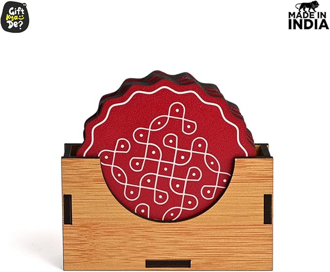 GKD Coaster Set of 6 Fine Art Wooden Coasters with Proper Coaster Stand Coaster Set Fit for Tea Cups, Coffee Mugs and Glasses (3.5 X 3.5 Inch, Fine Design) Red