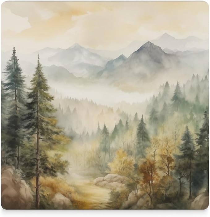 Forest Drink Coasters, Square Ceramic Drink Coaster Square-4PCS, Watercolor Mountain Forest Nature Tree Woodland Decor Absorbent Ceramic Coasters for Beverage Cup, Bar, Coffee Table