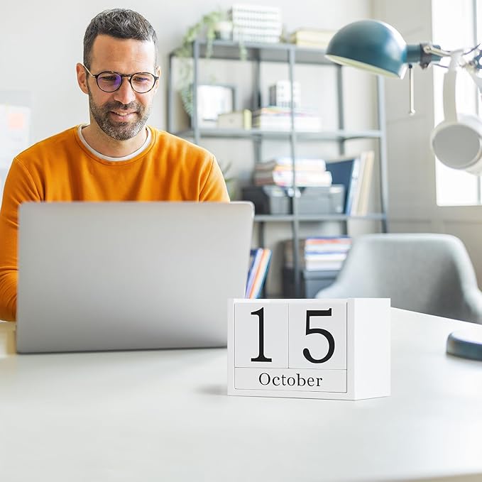 Wooden Block Calendar for Desk, Large Size Daily Desktop Perpetual Desk Calendar, Cute Date Display Desk Accessories for Home Office Decor, Teacher, Classroom, Reusable Yearly, White