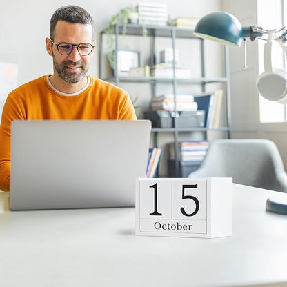 Wooden Block Calendar for Desk, Large Size Daily Desktop Perpetual Desk Calendar, Cute Date Display Desk Accessories for Home Office Decor, Teacher, Classroom, Reusable Yearly, White