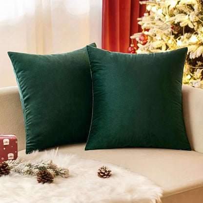 EMEMA Pack of 2 Velvet Christmas Throw Pillow Covers Decorative Square Pillowcase Soft Solid Cushion Case for Sofa Bedroom Chair Car 18x18 Inch Dark Green