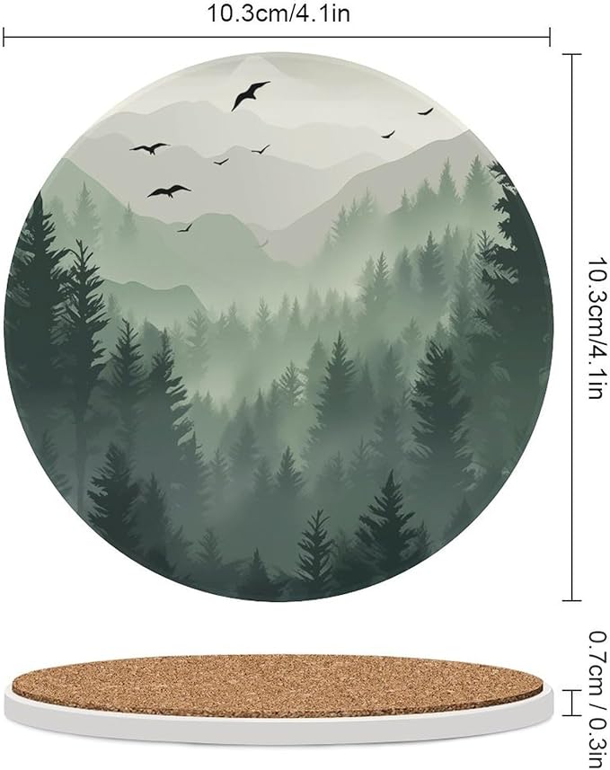 Round-6PCS Forest Ceramic Coasters, Round Absorbent Drink Coasters, Watercolor Green Forest Flying Birds Nature Mountain Tree Woodland Ceramic Table Coasters for Coffee, Beverage, Wine, Beer Coasters