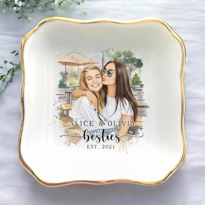 Custom Photo Watercolor Bestie Ring Dish, Personalized Best Friend Jewelry Dish, Soul Sister Trinket Dish Gift for Long Distance Friendship Women BFF Christmas Birthday Wedding Gift