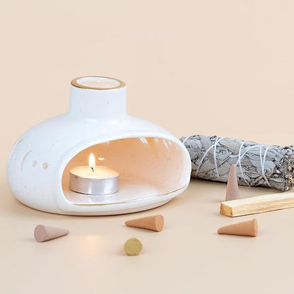 ZenBless 3 in 1 Incense Holder for Palo Santo Sticks Sage Incense, Handcrafted Ceramic Incense Burner Holder Ash Catcher with Chimney, Smudge Bowl for Yoga Meditation Room Home Decor
