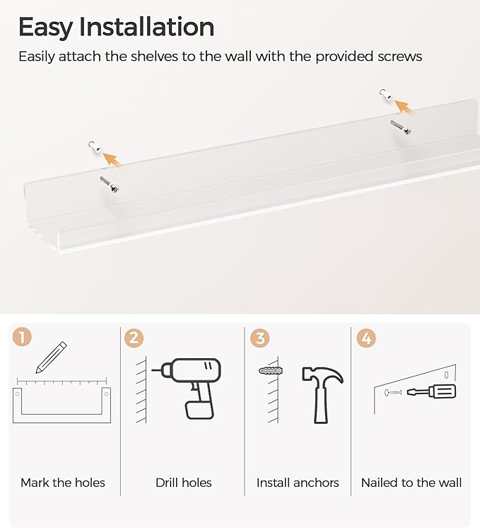 HBlife 48 Inches Invisible Wall Floating Bookshelf for Kids and Nursery, Clear Acrylic Shelves for Figures, 16 Inch Stud Spacing Long Large Picture Ledge Shelf for Photo Frames, 4 Pack (5MM Thick)