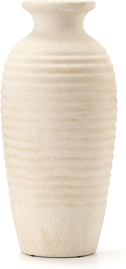 Ceramic Natural Rustic Vase, 14.4 Inch Large Vintage Flower Threaded Decorative Farmhouse Tall Vase for Home Decor, Living Room, Shelf Decor, Wedding, Housewarming Gift, Off-White