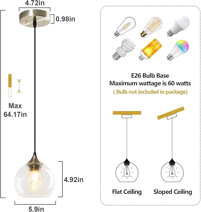 Clear Glass Pendant Lights Kitchen Island Lighting Globe Pendant Light Fixtures Modern Pendant Lighting for Kitchen Island Bedroom Living Dining Room Light Fixture(5.9in, 1-Pack)