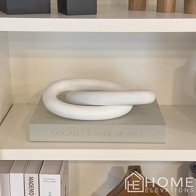 Wood Chain Link Decor – 13” White Wooden Decorative Object for Coffee Table Decor & Neutral Decor for Home – Modern Knot Accent for Shelf Styling, Books, or Housewarming Gifts