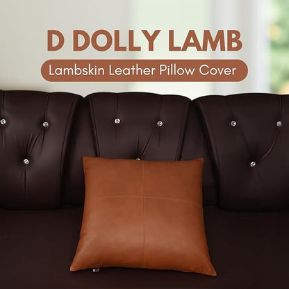 D DOLLY LAMB Lambskin Leather Pillow Cover - Sofa Cushion Case - Decorative Throw Covers for Living Room & Bedroom, 16x16 Inches - Camel Antique Plain