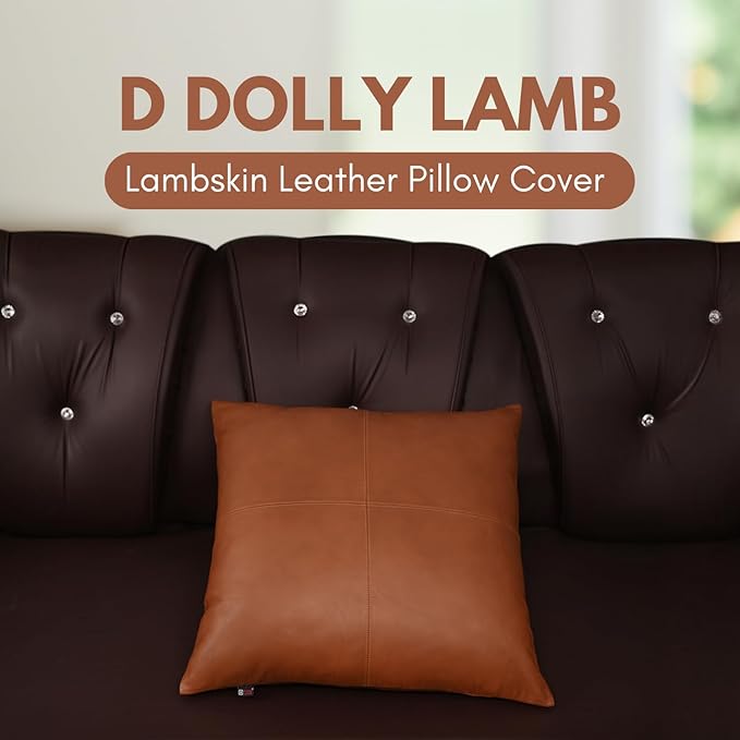 D DOLLY LAMB Lambskin Leather Pillow Cover - Sofa Cushion Case - Decorative Throw Covers for Living Room & Bedroom, 18x18 Inches - Camel Antique Plain