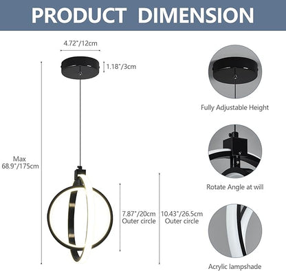 Modern LED Pendant Lights Plated Black Farmhouse Ring Pendant Light Fixtures 4000K Dimmable Round Pendant Lighting for Dining Room Kitchen Island Bedroom Living Room Foyer（1-Pack）