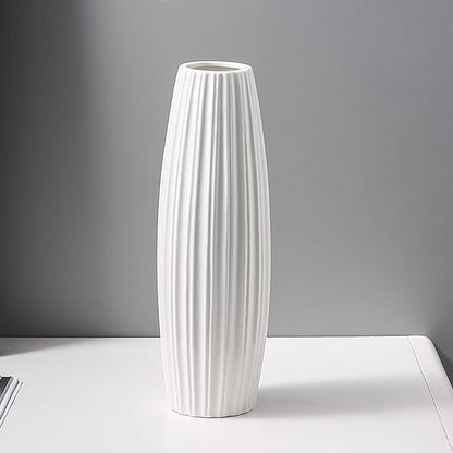12Inch Tall White Ceramic Vase for Home Decor, Modern Textured Vase for Living Room, Table Centerpiece, Farmhouse Style