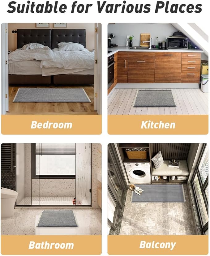 Upgraded Waffle Bath Mat, Super Absorbent Non Slip Bath Mats for Bathroom Floor, Machine Washable Bathroom Rugs with Tassels, Rubber Backed Bathroom Mats, Ultra Soft, 18" x 30",DarkGrey & Cream