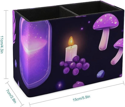 Leather Table Pen Organizer Pencil Pen Holder Office Home Desk Organize Gothic Magic Witch Witchy Trippy Purple Mushrooms