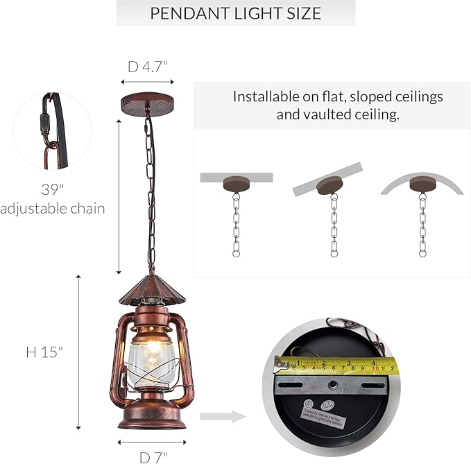 NOXARTE Vintage Pendant Light Lantern Ceiling Light Fixture with Glass Shade Adjustable Chain for Kitchen Island Farmhouse Loft Porch Width 7 Inch x Height 15 Inch