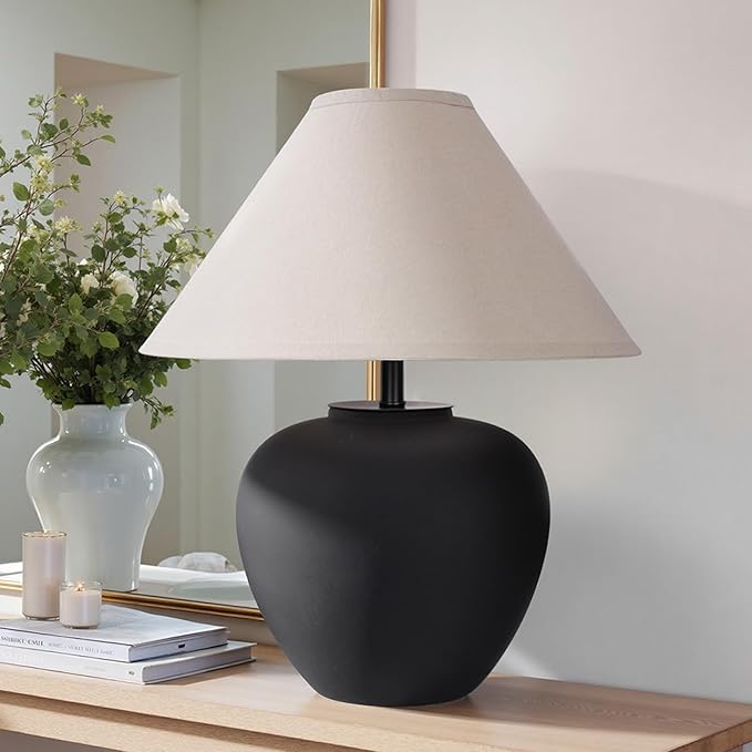 Ceramic Pot Table Lamp 18.5 inch Circular Frosted Nightstand Lamp, Tapered Fabric Shade Bedside, Ceramic Decorative for Living Room Bedroom House Office Entryway, TL1