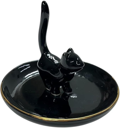 ROSA&ROSE Cat Ring Holder Trinket Tray Ceramic Jewelry Dish Porcelain Ring Organizer Gift for Women, Girlfriend or Valentine's Day (Black)