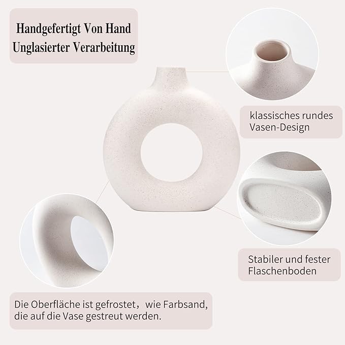 CEMABT White Donut Vase Hollow Ceramic Vase for Flowers Handmade Minimalist Boho ins Style Modern Home Decor for Wedding Dinner Table Party Living Room Office Bedroom(M)