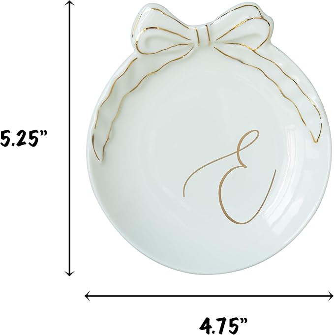 COLLECTIVE HOME - Personalized Initial Ceramic Jewelry Tray with Bow, Christmas Gift Ideas for Women, Small Gift for Girlfriend Wife, Ring Holder, Earrings Dish, Birthday Gift for Her (E)