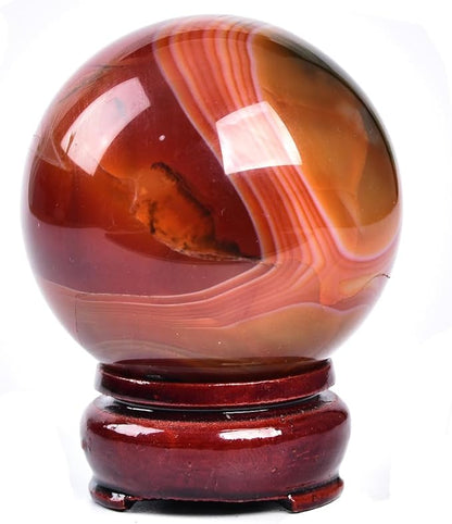 JIC Gem Natural Red Agate Crystal Ball Round Healing Crystals Decorative Sphere with Wooden Stand Meditation Home Decor 2.3-2.7 inch (60-70mm)