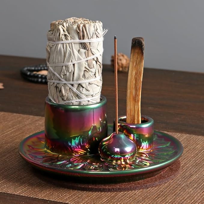 4 in 1 Multifunctional Ceramic Incense and Candle Holder with Ash Catcher Tray Suit for Burning White Sage, Palo Santo Sticks (Colorful)