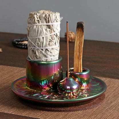 4 in 1 Multifunctional Ceramic Incense and Candle Holder with Ash Catcher Tray Suit for Burning White Sage, Palo Santo Sticks (Colorful)