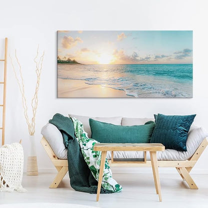 Goldfoilart Large Beach Sunset Canvas Wall Art for Living Room Blue Sea Prints Romantic Ocean Waves Pictures Painting Bedroom Home Office Wall Decor Ready to Hang 24x48Inch