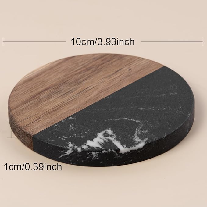 Marble Coasters: 4-Piece Set of Acacia Wood Marble Coasters, Suitable for Kitchens, Offices, and can be Used as Gifts (Black Round)
