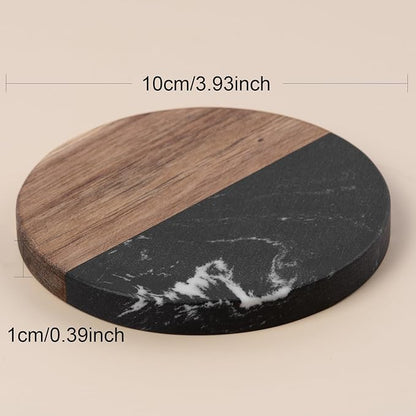 Marble Coasters: 4-Piece Set of Acacia Wood Marble Coasters, Suitable for Kitchens, Offices, and can be Used as Gifts (Black Round)