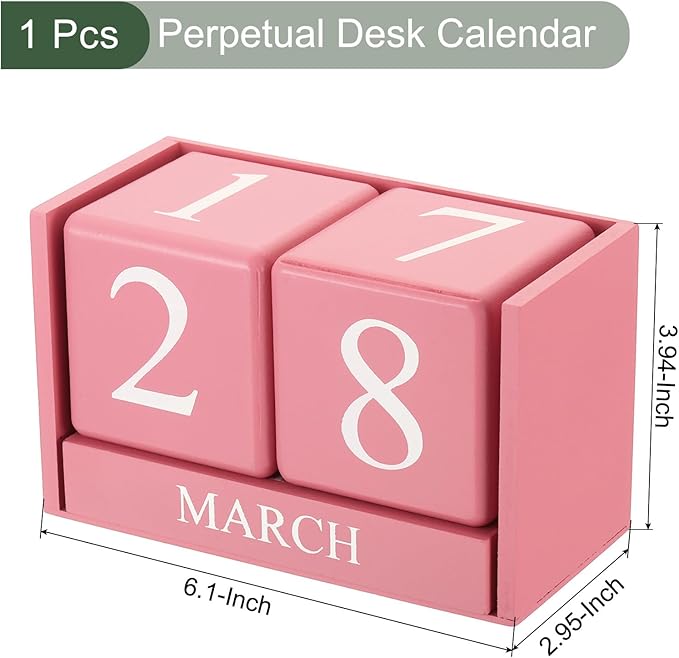 YOKIVE Wooden Block Perpetual Calendar for Desk, Wood Month Date Display Blocks, Great for Daily Desktop Shop Bar Desk Decor (Pink)