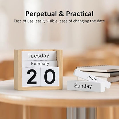 Wooden Block Calendar for Desk, Daily Desktop Perpetual Desk Calendar, Cute Date Display Blocks Desk Accessory for Home Office Decor, Teacher, Classroom, Reusable Yearly, Wood Grain