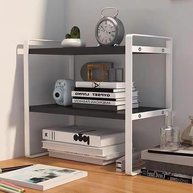 Hbluefat Desktop Organizer Shelf, 2-Tier Multipurpose Tabletop Storage Bookshelf, Small Wooden Countertop Storage Rack for Home Office Kitchen (Black+White)