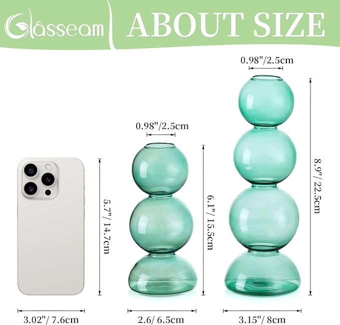 Glassseam Glass Vases for Flowers, Green Bud Vases for Decor, Cute Small Vase, Modern Aesthetic Vase, Unique Round Flower Vase, Decorative Bubble Vases for Centerpieces Wedding Table Decorations