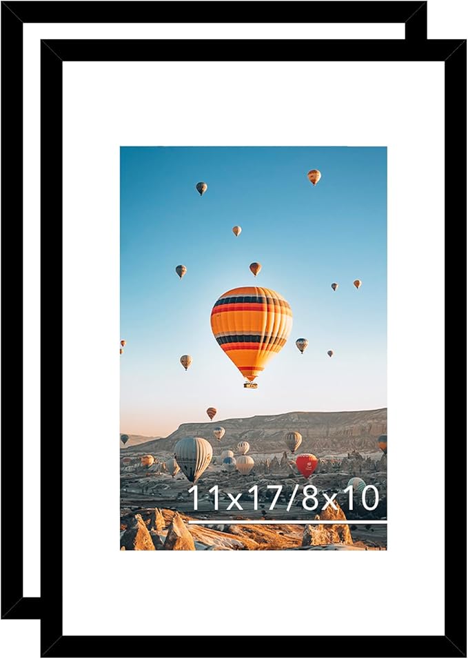 11x17 Picture Frame Set of 2 Black with 8x10 Mat, Display Photo 8x10 with Mat or 11 x 17 Without Mat, Wall Hanging Large 11x17 Poster Frame with Shatter Resistant Plexiglass, 2 Pack, Black