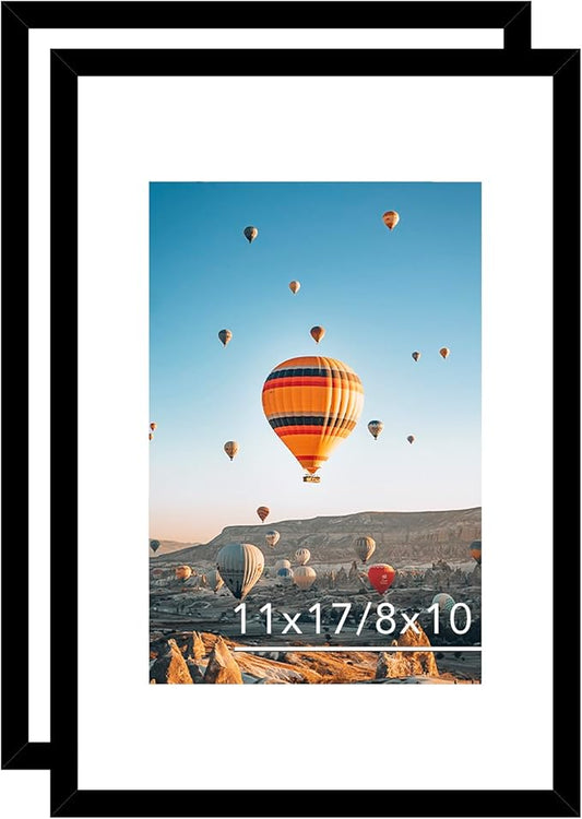 11x17 Picture Frame Set of 2 Black with 8x10 Mat, Display Photo 8x10 with Mat or 11 x 17 Without Mat, Wall Hanging Large 11x17 Poster Frame with Shatter Resistant Plexiglass, 2 Pack, Black