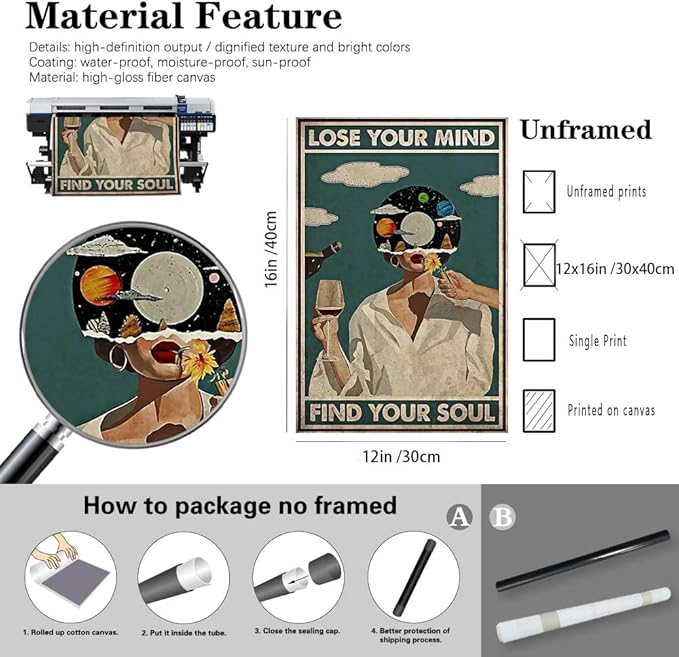 Vintage Lose Your Mind Find Your Soul Poster Mental Health Inspirational Quote Canvas Wall Art Aesthetic Posters Music Girl Print Painting Abstract Wall Decor for Bed Room Bathroom 12x16in Unframed