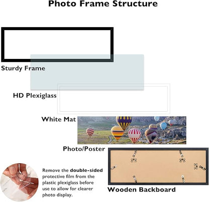 8x24 Picture Frame Set of 2 with 6x22 Mat, Panoramic Picture Frame Display Photo 6x22 with Mat or 8 x 24 Without Mat, Wall Hanging Large 8 by 24 Poster Frame with Plexiglass, 2 Pack, Black