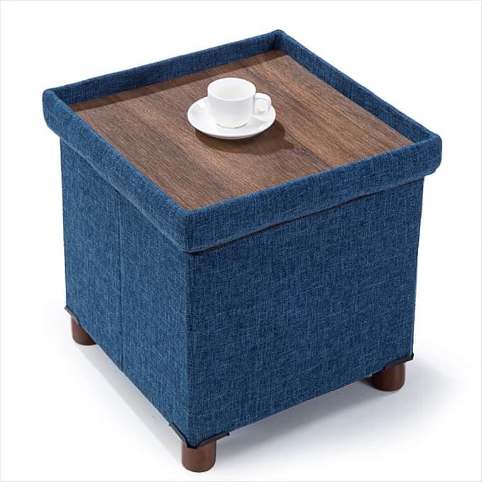 15 Inch Storage Ottoman with Wooden Legs - Cube Foot Rest Stool, Square Footstool, Comfortable Seat with Lid, Foldable Fabric Ottoman, Space-Saving Navy